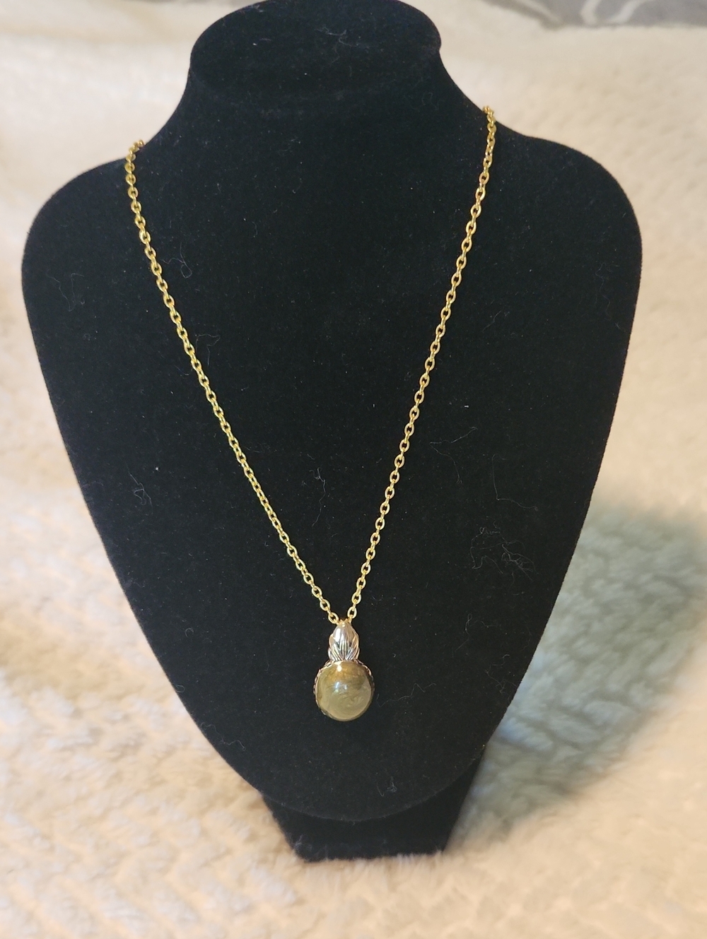 Gold Pendant Necklace with Olive Green Faux Stone - Women Jewelry Boho Vibe